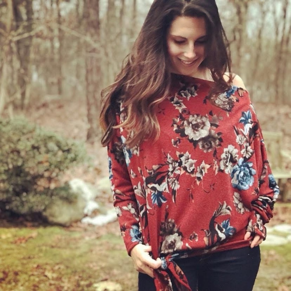 Floral Boat Neck Sweater with Knot Detail